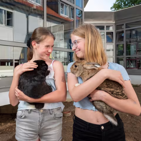 Leben im Internat und soziales Miteinander: Schülerinnen mit Hasen Leben im Internat und soziales Miteinander: Schülerinnen mit Hasen